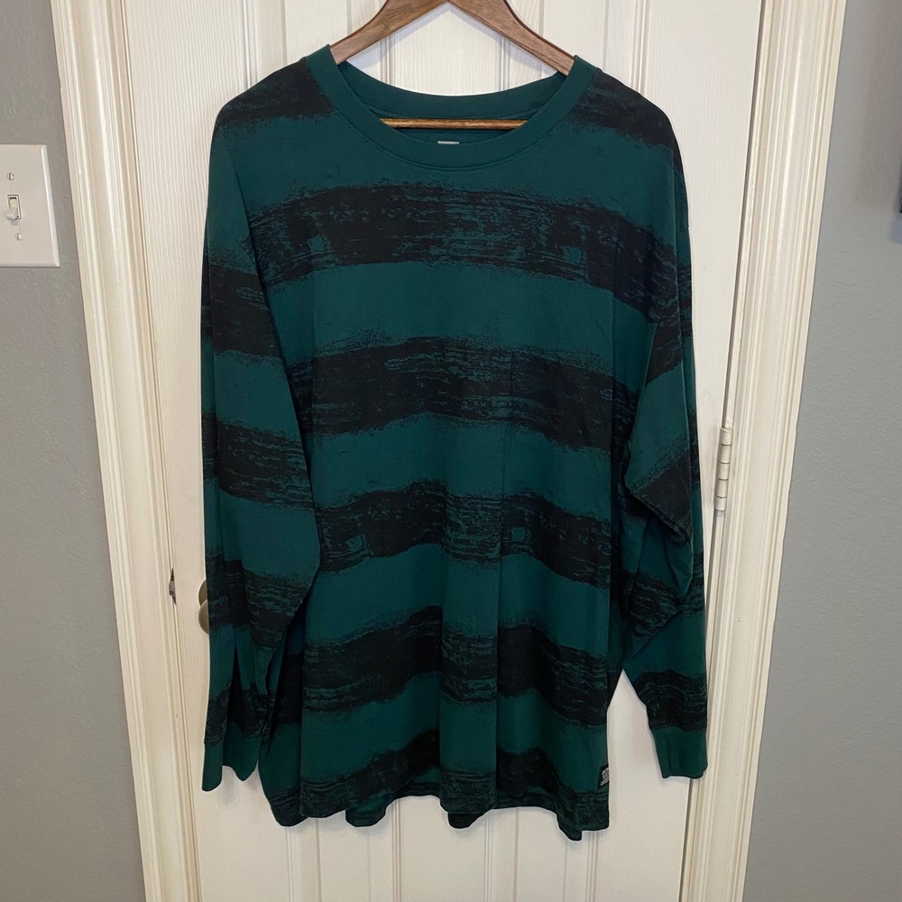Levis Mens Relaxed Fit Long Sleeve Distressed Stripe T-Shirt Green Black XXL